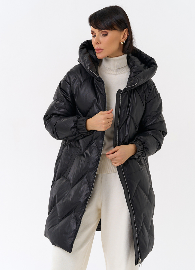 Длинный пуховик из кожи модель № 31215 универмаг малина