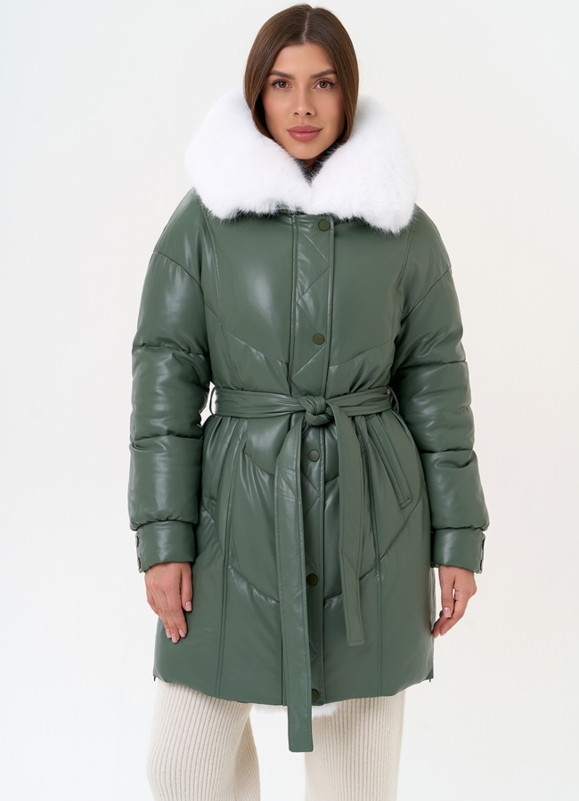 Женский пуховик из эко кожи с отделкой из эко меха модель № 30736 универмаг малина