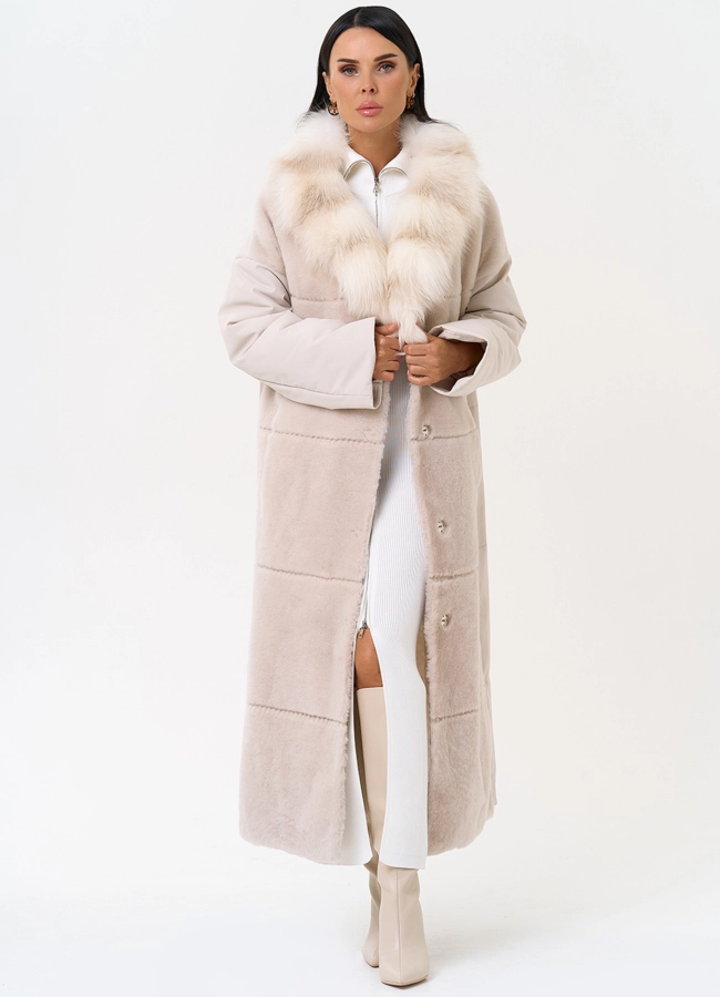 Комбинированное женское пальто из меха овчины с поясом модель № 31401 универмаг малина