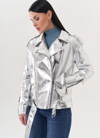 Куртка "косуха" из натуральной кожи под серебро