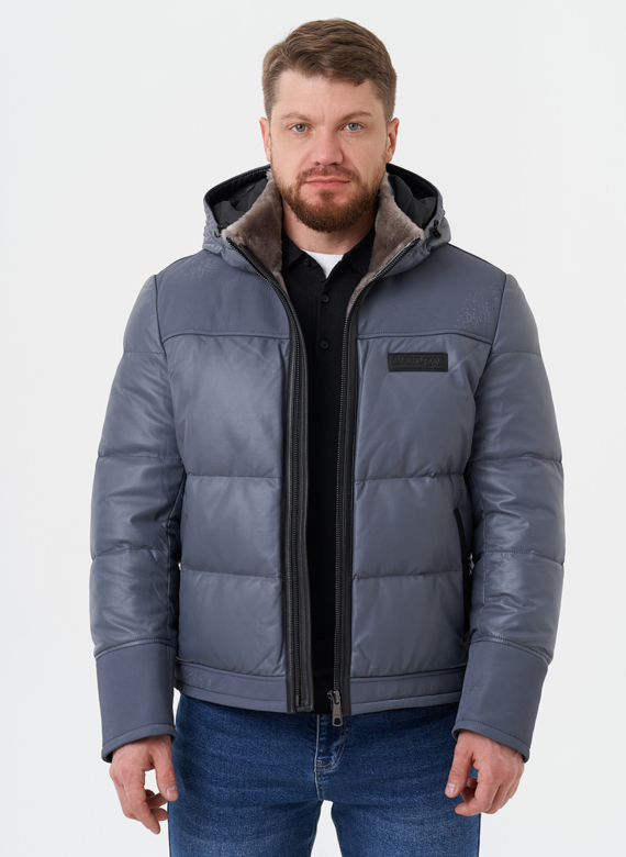 Пуховик из натуральной кожи с капюшоном