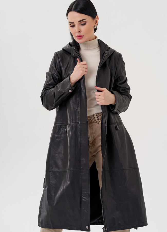 Длинный кожаный плащ с капюшоном модель № 24094 универмаг малина