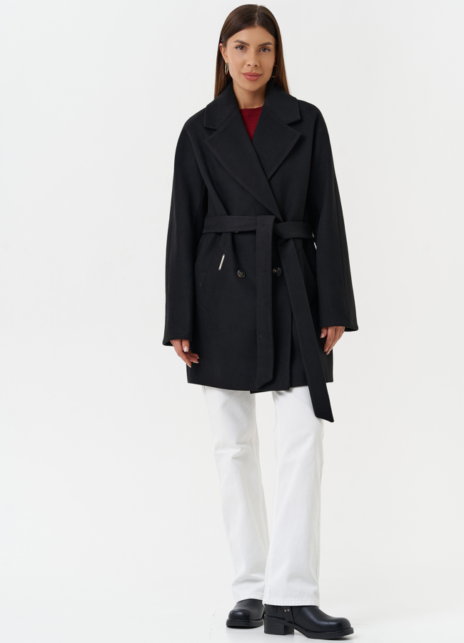 Двубортное пальто с английским воротником модель № 28090 меха малина