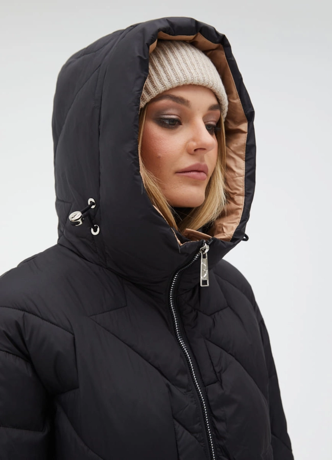 Женский удлиненный пуховик  капюшоном модель № 31151 универмаг малина