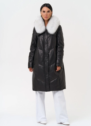 Длинный пуховик из натуральной кожи