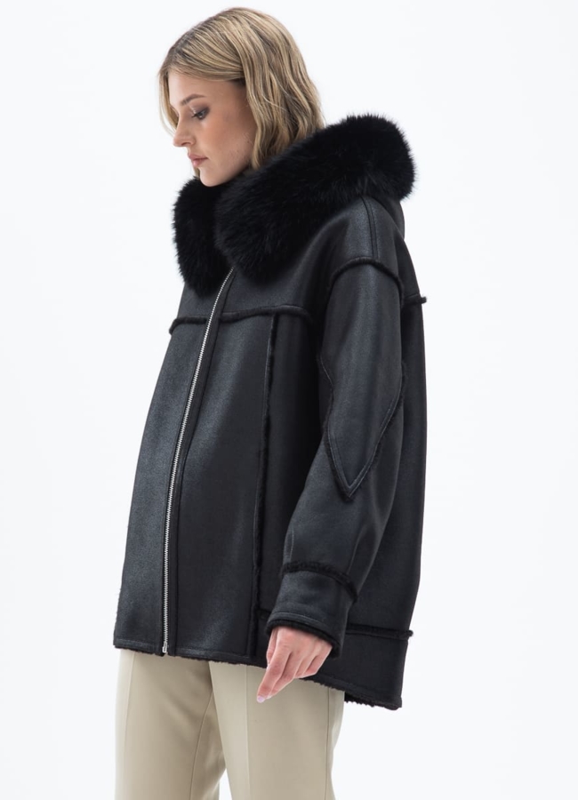 Женская дубленка из эко кожи с капюшоном модель № 32020 универмаг малина