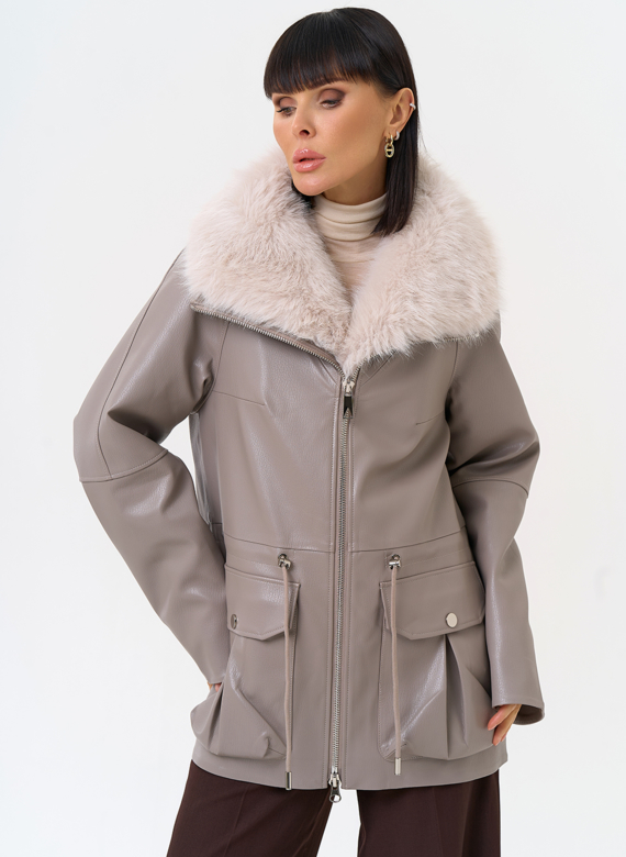 Удлиненная куртка из эко кожи с воротником из эко меха