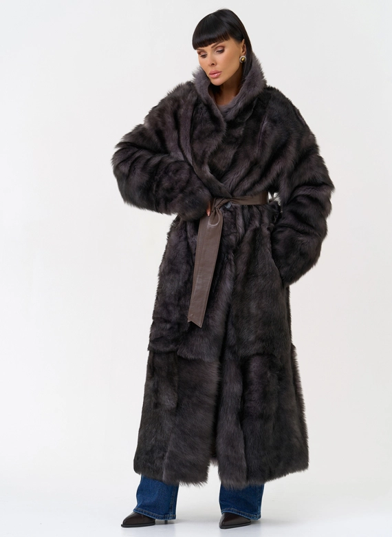 Женская двухсторонняя дубленка с поясом
