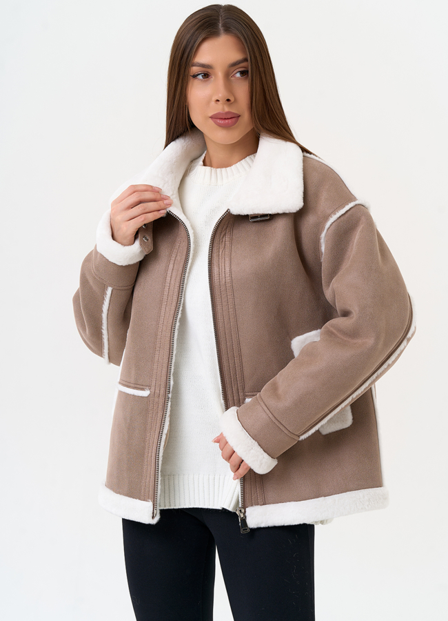 Женская дубленка из эко замши с воротником стойкой модель № 31504 универмаг малина