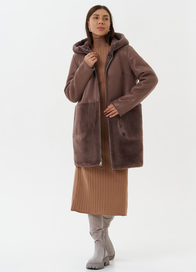 Двухсторонняя дубленка из эко кожи с капюшоном модель № 27763 в кредит