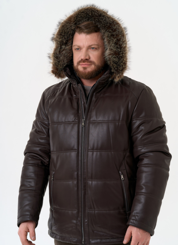 Пуховик из эко кожи с капюшоном из меха енота