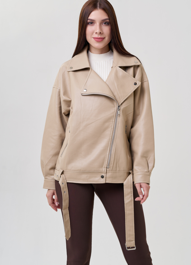 Женская куртка оверсайз из эко кожи модель № 23255 меха малина