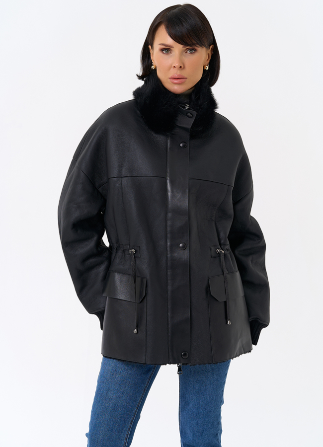 Женская натуральная дубленка с воротником стойкой модель № 31930 меха малина