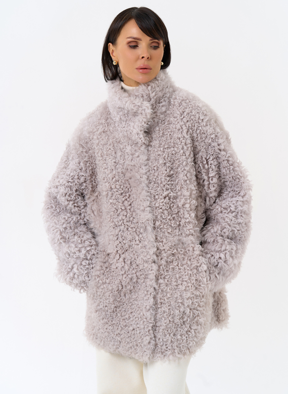 Женская двухсторонняя дубленка с воротником стойкой