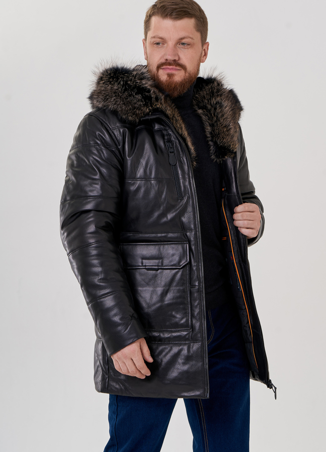 Пуховик мужской из натуральной кожи модель № 79171 меха малина