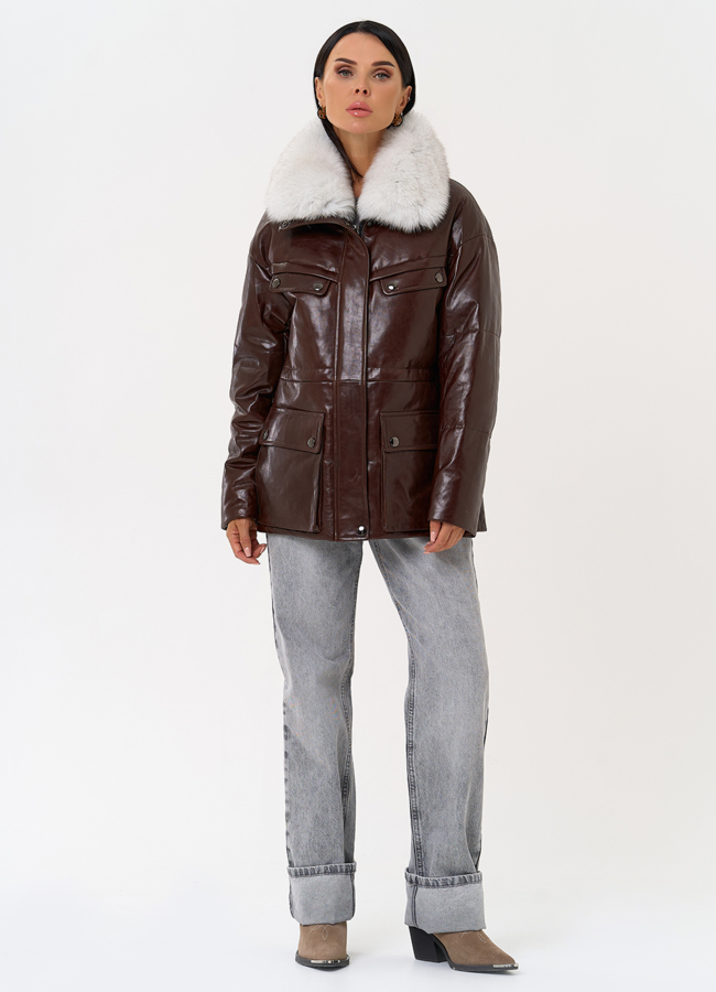 фото Коричневый кожаный пуховик модель № 31570