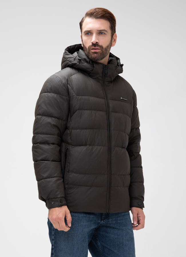 Мужской пуховик с капюшоном  модель № 28873 меха малина