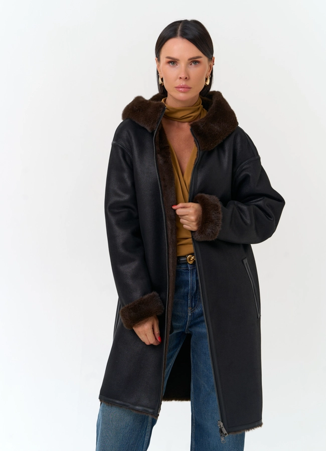 Женская дубленка из эко замши модель № 33916 универмаг малина