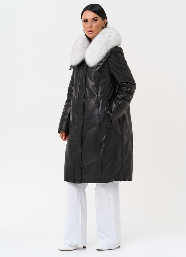 Длинный пуховик из натуральной кожи модель № 31568 универмаг малина