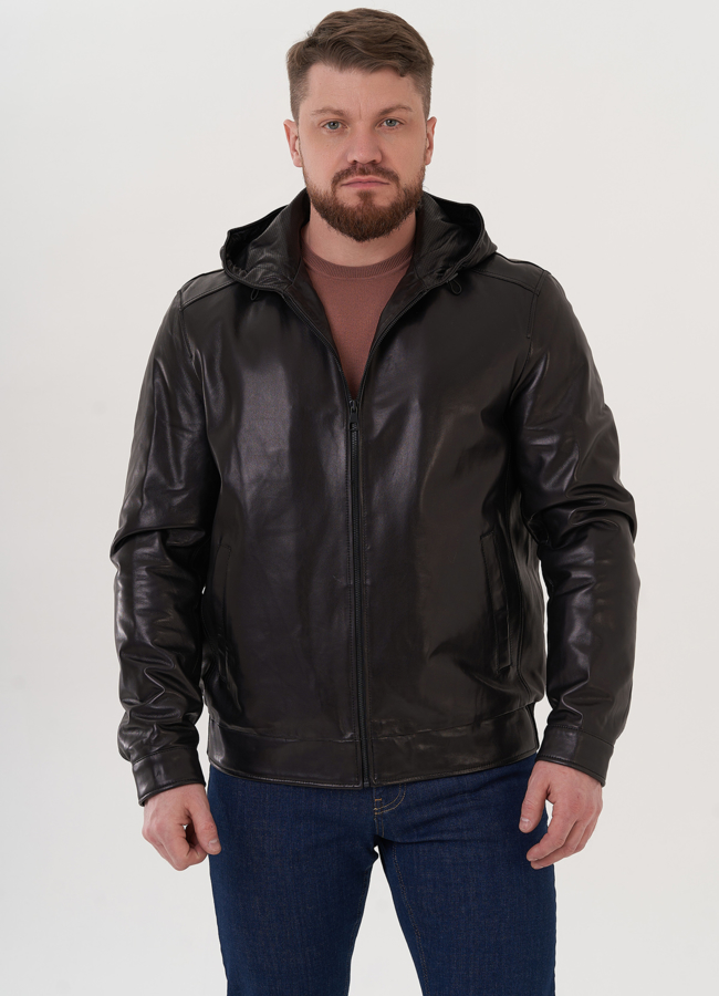 Мужской кожаный бомбер с капюшоном модель № 26926 меха малина