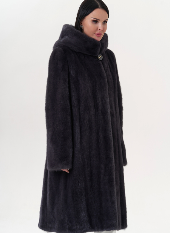 Шуба из норки классическая с капюшоном цвете графит