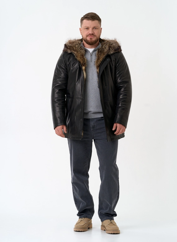 Мужская натуральная дубленка на волке с отделкой из меха енота