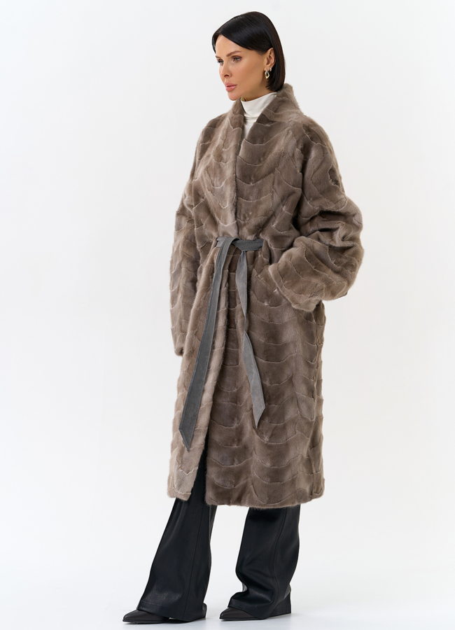 Шуба из меха норки с поясом модель № 31185 универмаг малина