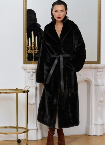 Длинная шуба из меха норки blackglama с поясом фото