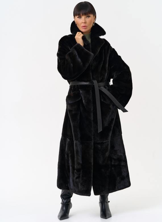 Длинная шуба из меха норки blackglama с поясом