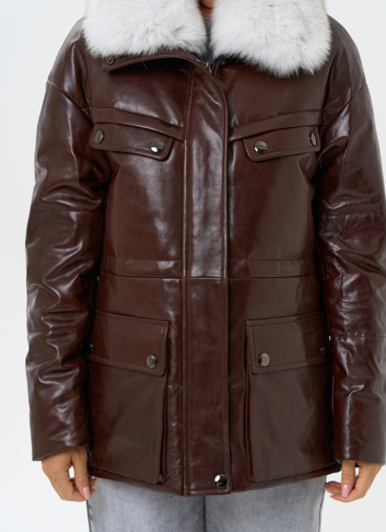 Коричневый кожаный пуховик