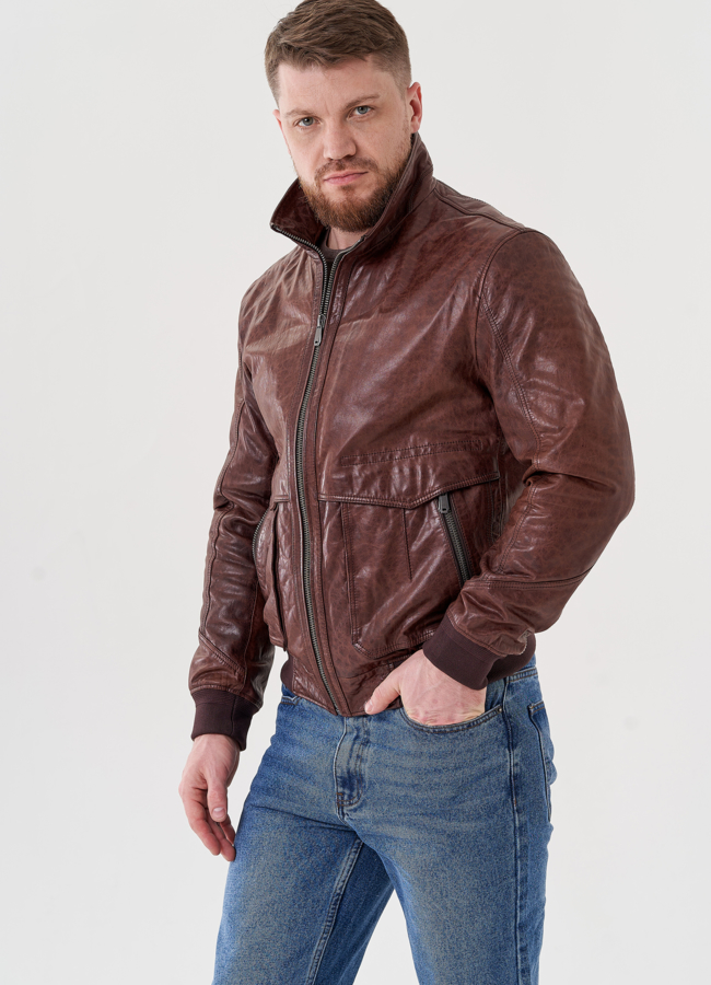 Куртка бомбер из натуральной кожи  модель № 24435 меха малина